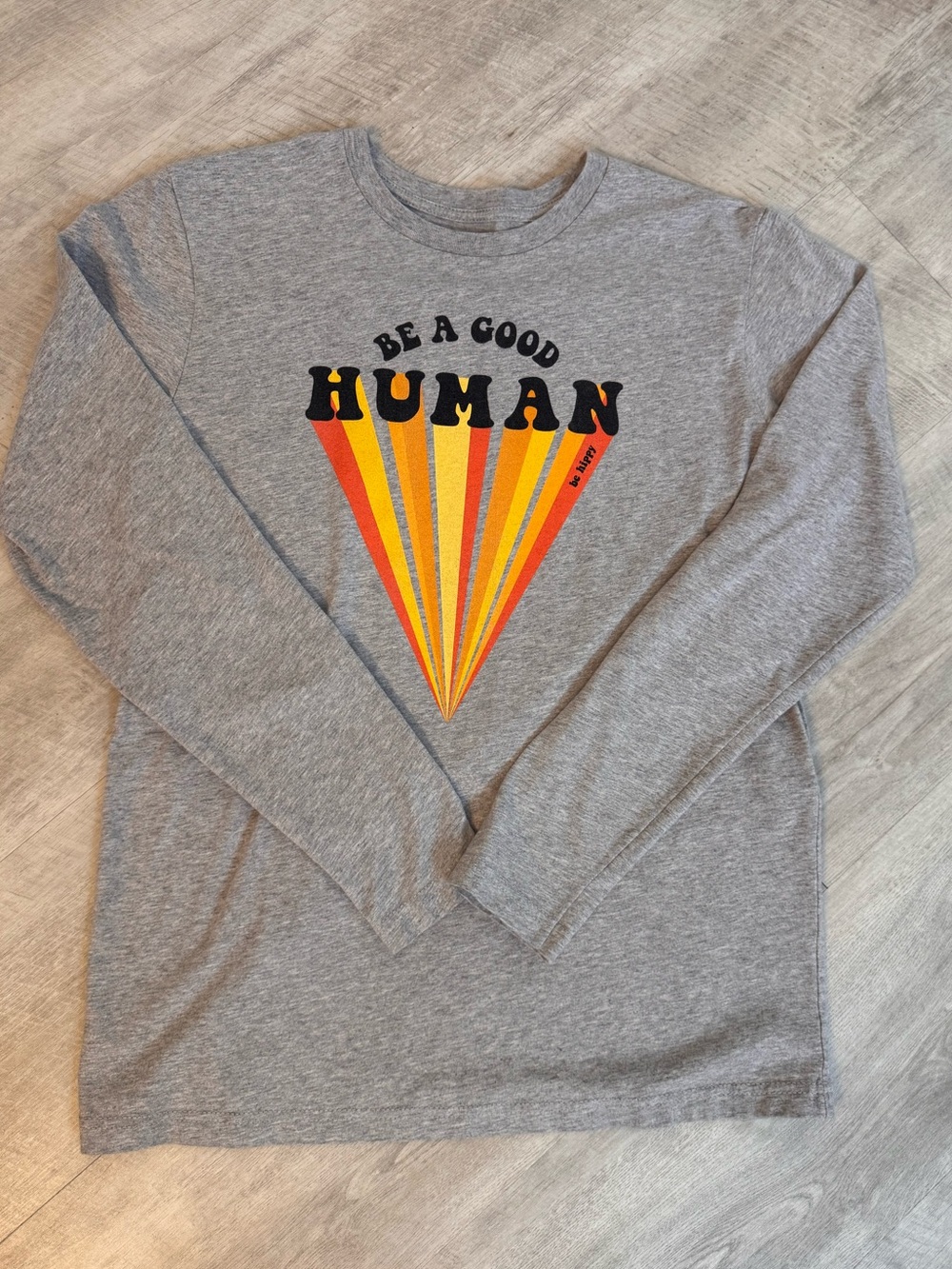 Be Hippy “Be a Good Human” long sleeve graphic t-shirt, medium, heather gray